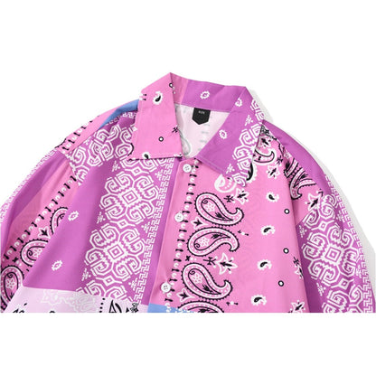 "Blue Pink Bandana" Unisex Men Women Streetwear Button Shirt Daulet Apparel