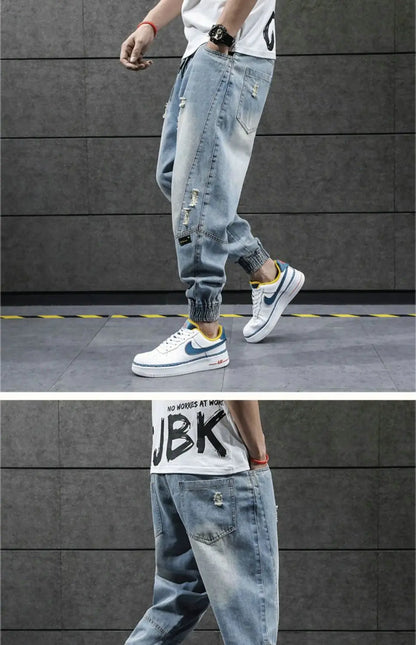 2023 new hip hop harem jeans pants men loose joggers denim casual sweatpants korea ankle length trousers streetwear male clothes unique joggers style 2444