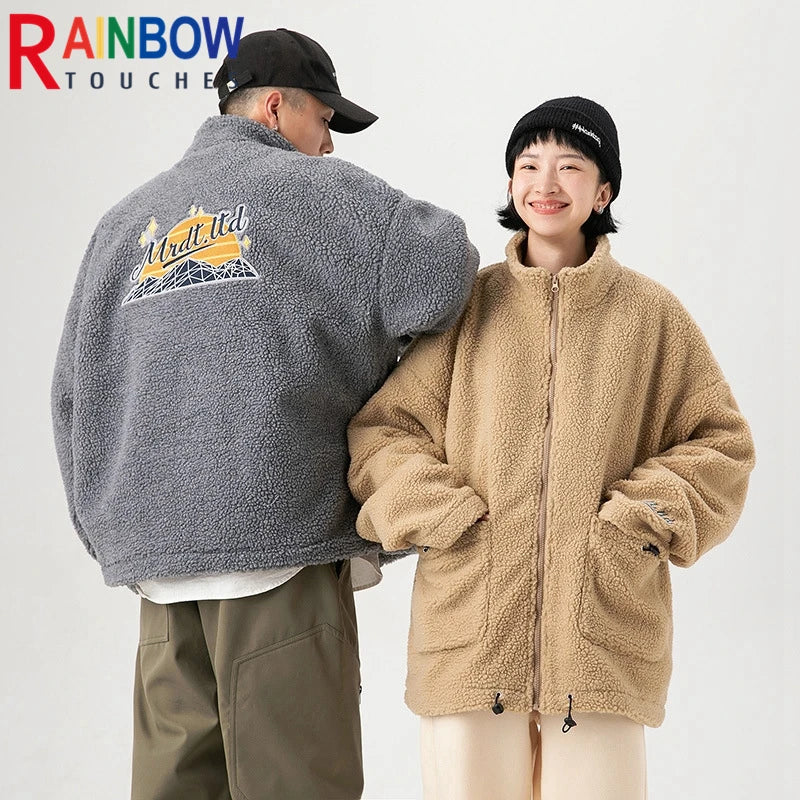 rainbowtouches winter lamb wool cotton clothes couple neutral stand collar high street tide brand embroidered cotton clothes clean everyday pants