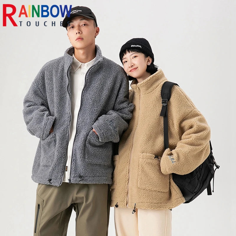 rainbowtouches winter lamb wool cotton clothes couple neutral stand collar high street tide brand embroidered cotton clothes minimalist street pants