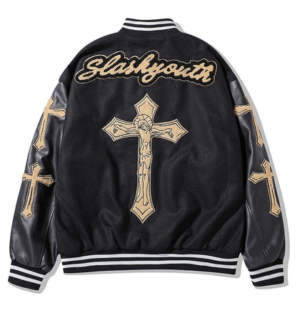 rainbowtouches men trendy hiphop embroidered baseball uniform single breasted side pocket high street stitched pu leather jacket unique default style 5135