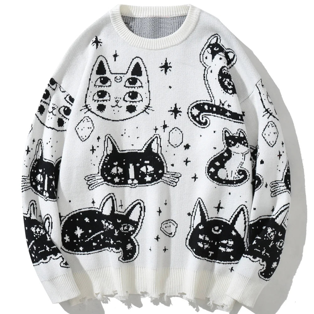 Aolamegs Sweaters Men Japanese Retro Cute Cat O-Neck Jumpers Advanced College Style Fashion Knitted Tops Loose Casual Streetwear Street King Limited
