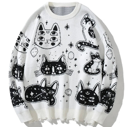 Aolamegs Sweaters Men Japanese Retro Cute Cat O-Neck Jumpers Advanced College Style Fashion Knitted Tops Loose Casual Streetwear Street King Limited