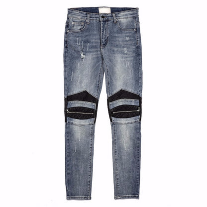 knee zipper hole patckwork skinny denim jeans men casual slim biker trousers jeans fashion streetwear hip hop jean pants joggers unique joggers style 27