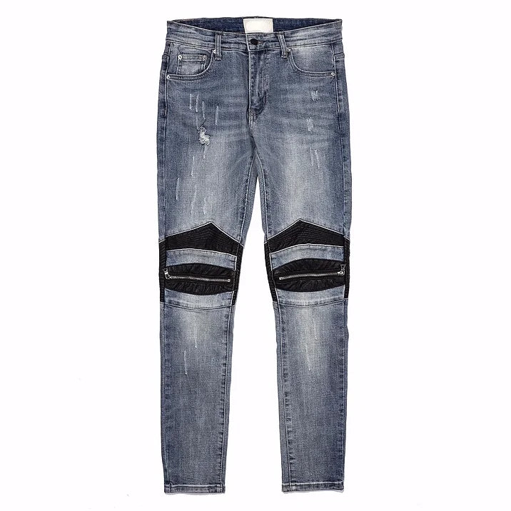 knee zipper hole patckwork skinny denim jeans men casual slim biker trousers jeans fashion streetwear hip hop jean pants joggers unique joggers style 7