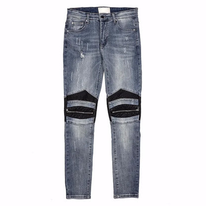 knee zipper hole patckwork skinny denim jeans men casual slim biker trousers jeans fashion streetwear hip hop jean pants joggers unique joggers style 7