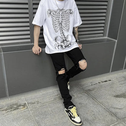 Summer Hip-hop Skull Printed Men Short-sleeved T-shirt Cotton Casual Unisex O-neck Loose Harajuku Short-sleeved Tops Tee T-shirt Street King Limited