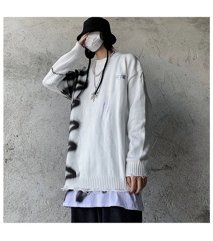 Mens Hip Hop Destroy Ripped Holes Streetwear Graffiti Harajuku Sweater Vintage Retro Knitted Sweater New Casual Cotton Pullover Street King Limited