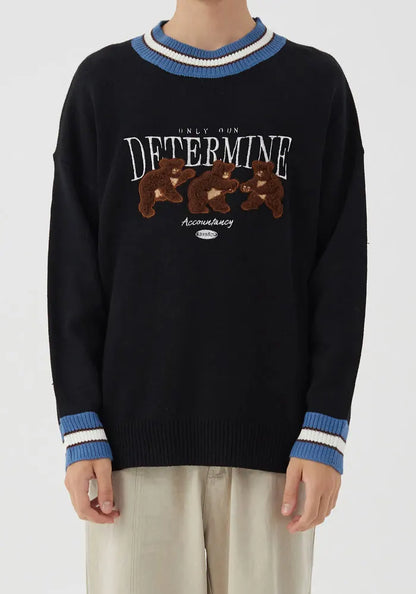 GONTHWID Bear Patchwork Striped Knitted Jumpers Sweaters Streetwear Hip Hop Harajuku Casual Pullover knitwear Mens Fashion Tops Street King Limited