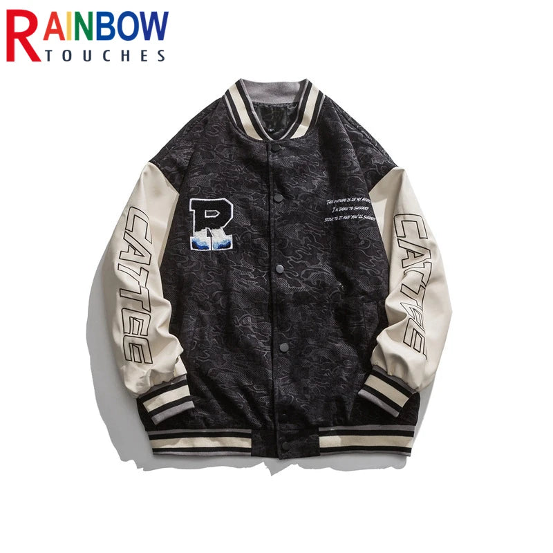 rainbowtouches 2021 new jacket men unisex street jackets letter embroidered baseball uniform hip hop mens superior quality coat relaxed fit trousers