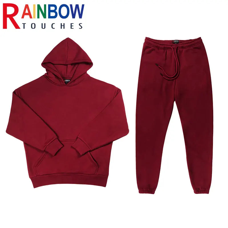 rainbowtouches quality pure cotton 2 piece couple hoodie solid color hip hop casual sportswear pullover mens pants plush unique default style 274