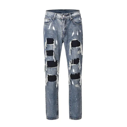 men ripped holes denim jean pants hip hip new fashion straight patchwork pants new casual jeans streetwear mens trousers joggers streetwear sweatpants