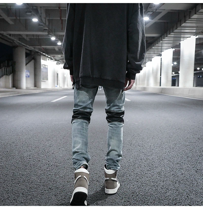 knee zipper hole patckwork skinny denim jeans men casual slim biker trousers jeans fashion streetwear hip hop jean pants joggers unique joggers style 16