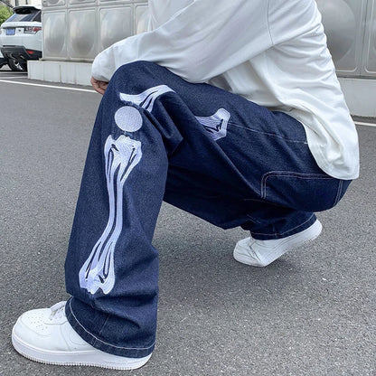 skeleton embroidery straight jean pants couples mopping trousers mens streetwear denim pants mens clothing jeans for men baggy ripped baggy denim