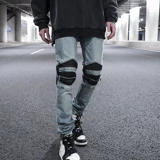 knee zipper hole patckwork skinny denim jeans men casual slim biker trousers jeans fashion streetwear hip hop jean pants joggers streetwear sweatpants