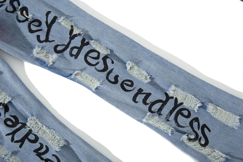fashion back letters printed denim flare jeans mens zipper straight trouser hip hop destroy holes streetwear jean pants joggers unique joggers style 4644