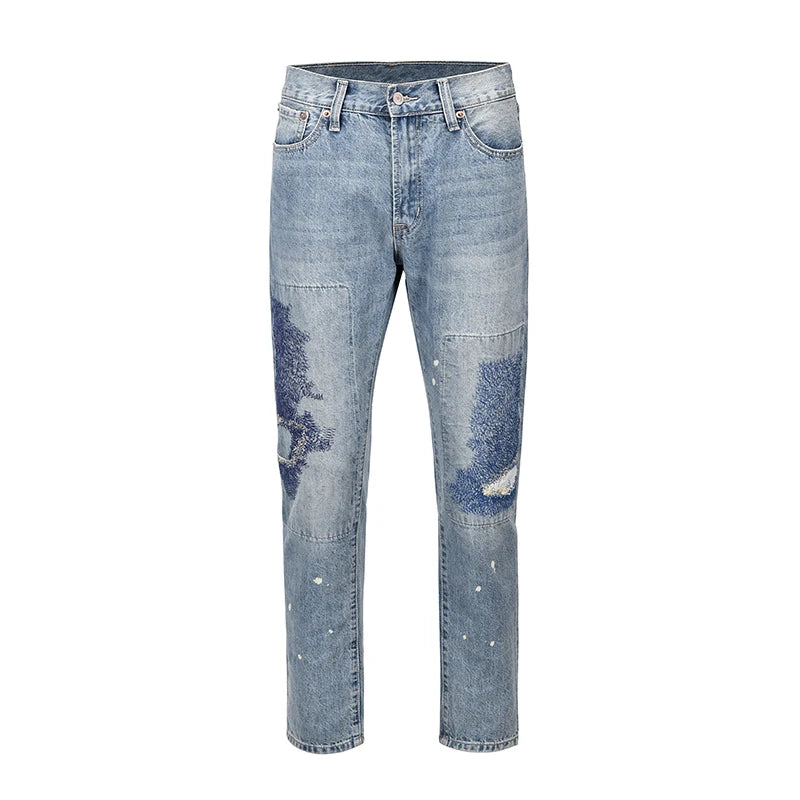 Heavy Industry Electric Embroidery Burning Washed Jeans Mens and Womens Patchwork Streetwear Harajuku Oversize Denim Trousers Street King Limited