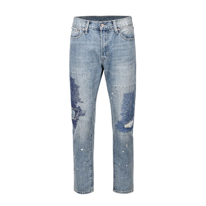 Heavy Industry Electric Embroidery Burning Washed Jeans Mens and Womens Patchwork Streetwear Harajuku Oversize Denim Trousers Street King Limited