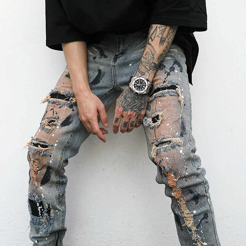 bottom zipper destroyed jeans skinny jeans ripped slim men biker jeans fashion graffiti printed streetwear hip hop pants joggers relaxed fit joggers