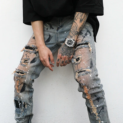 bottom zipper destroyed jeans skinny jeans ripped slim men biker jeans fashion graffiti printed streetwear hip hop pants joggers relaxed fit joggers