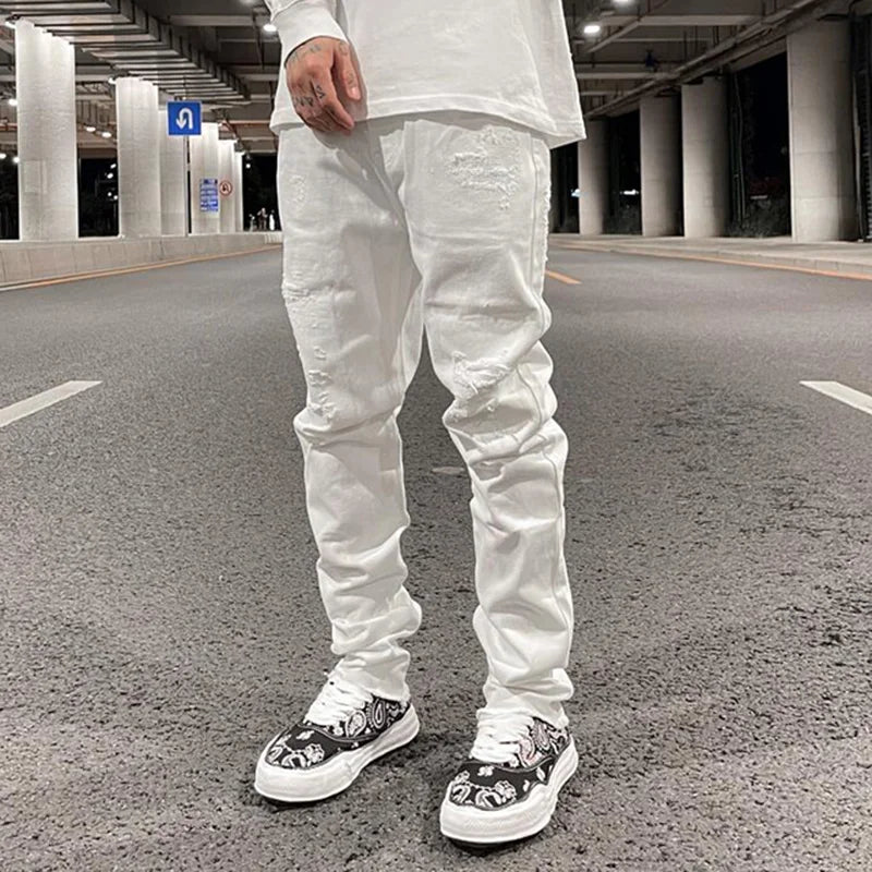 Harajuku Back Zipper Hole Ripped White Jeans Pants Mens Straight Washed Retro Oversized Streetwear Casual Denim Trousers Street King Limited