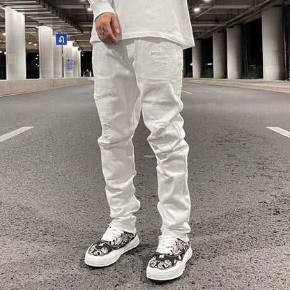 Harajuku Back Zipper Hole Ripped White Jeans Pants Mens Straight Washed Retro Oversized Streetwear Casual Denim Trousers Street King Limited