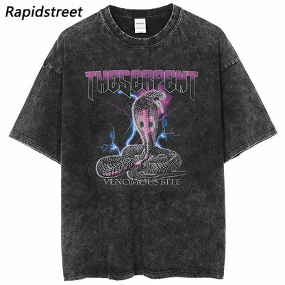 Men Washed T Shirt Hip Hop Streetwear Lightning Snake Print T-Shirt Harajuku Cotton Casual Tshirt Short Sleeve Tops Tees Black Street King Limited