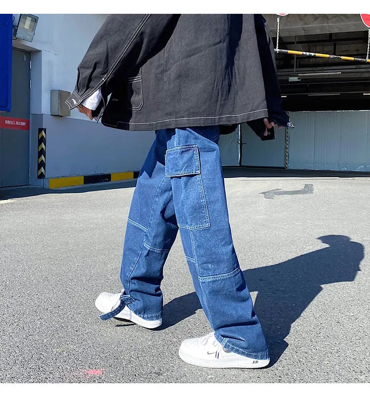 men jeans wide leg denim pants loose straight baggy mens jeans hip hop streetwear skateboard neutral denim trousers cargo jeans unique cargo style 2465