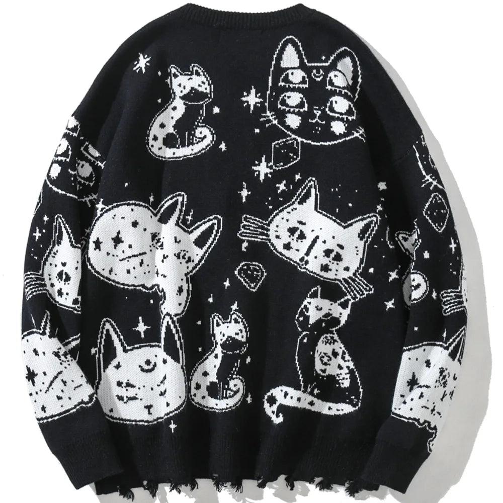 Aolamegs Sweaters Men Japanese Retro Cute Cat O-Neck Jumpers Advanced College Style Fashion Knitted Tops Loose Casual Streetwear Street King Limited