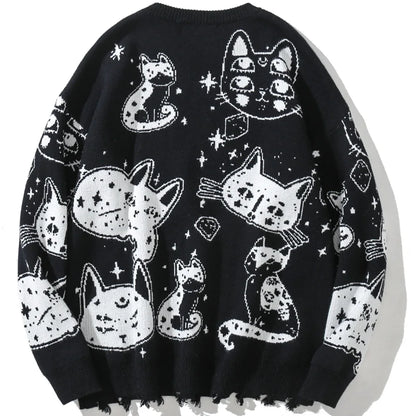 Aolamegs Sweaters Men Japanese Retro Cute Cat O-Neck Jumpers Advanced College Style Fashion Knitted Tops Loose Casual Streetwear Street King Limited