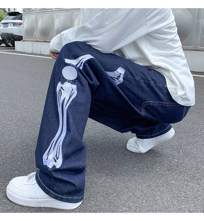 skeleton embroidery straight jean pants couples mopping trousers mens streetwear denim pants mens clothing jeans for men baggy unique jeans style 2621