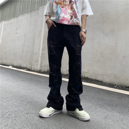 fashion back letters printed denim flare jeans mens zipper straight trouser hip hop destroy holes streetwear jean pants joggers streetwear sweatpants