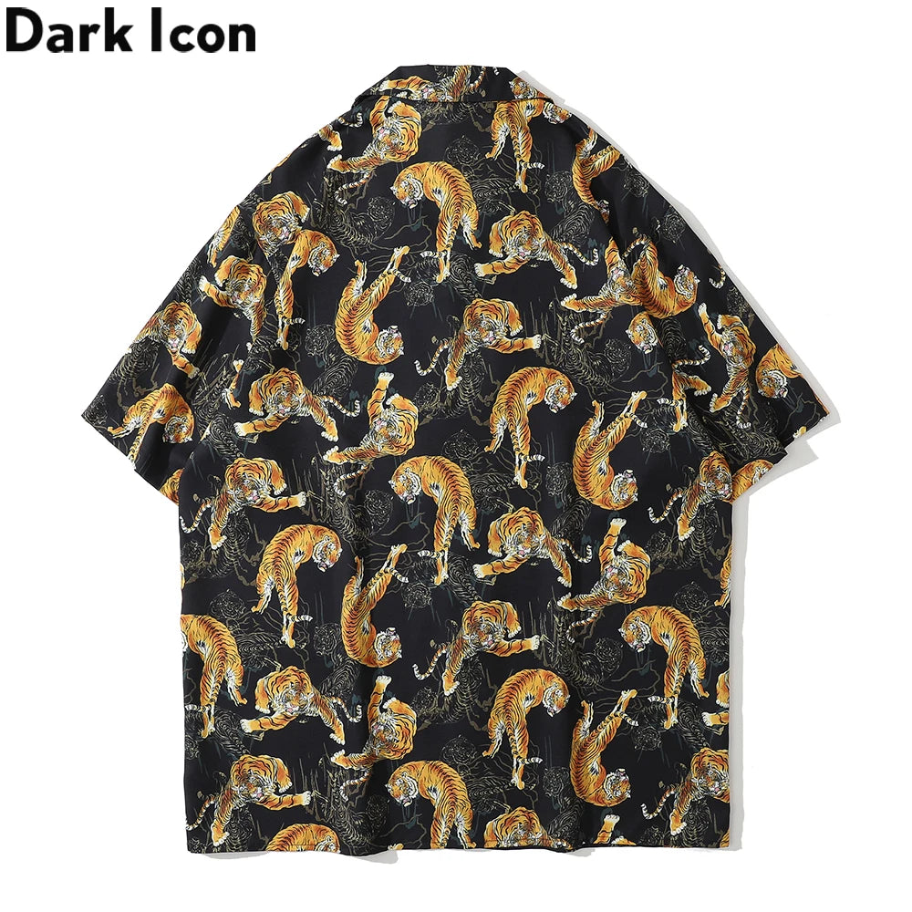 Dark Icon Tiger Print Street Fashion Men's Shirt 2021 Summer Polo Shirt Thin Material Hawaiian Shirt Male Blouse Street King Limited