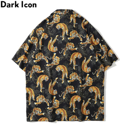 Dark Icon Tiger Print Street Fashion Men's Shirt 2021 Summer Polo Shirt Thin Material Hawaiian Shirt Male Blouse Street King Limited