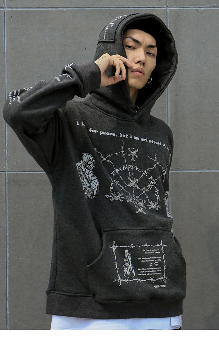 2023 Hip Hop Hoodie Sweatshirt Men Streetwear Skull Graffiti Print Hoodie Pullover Cotton Autumn Grey Harajuku Punk Clothes New Street King Limited