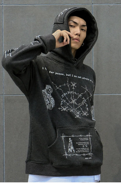 2023 Hip Hop Hoodie Sweatshirt Men Streetwear Skull Graffiti Print Hoodie Pullover Cotton Autumn Grey Harajuku Punk Clothes New Street King Limited