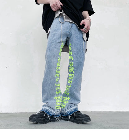fashion letters embroidery denim flare jeans mens high street elastic waist straight trouser hip hop streetwear pants joggers unique joggers style 3777