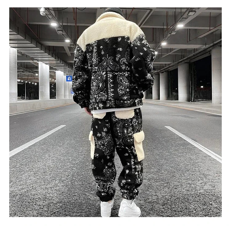mens paisley fleece jackets coats fashion hairy single button loose bomber outerwears casual warm parkas thick streetwear jacket unique default style 5314