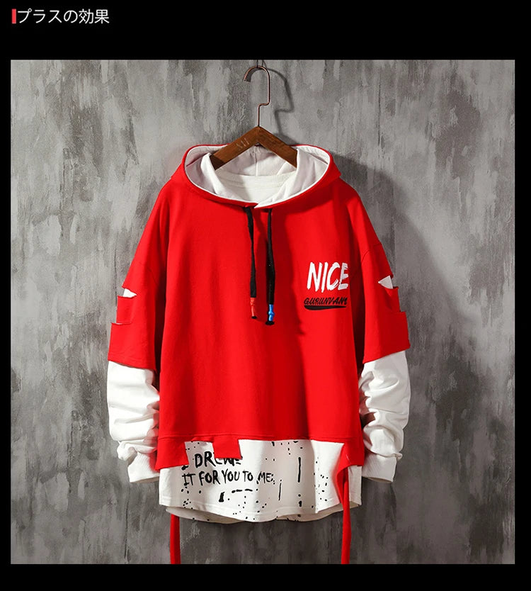 Men Ribben Hooded Sweatshirt Autumn Male Fashion Hoodie Men's Sweatshirts Solid Color Splice Hoodies Street Style Street King Limited