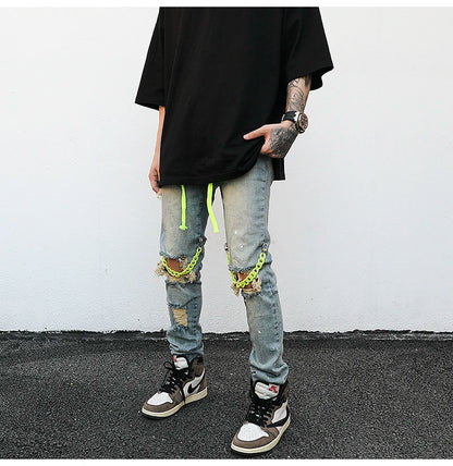 high street knee hole with chain ripped biker jeans mens slim fit denim pants autumn new streetwear casual hip hop pants joggers unique joggers style 3243