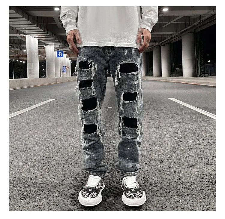men ripped holes denim jean pants hip hip new fashion straight patchwork pants new casual jeans streetwear mens trousers joggers unique joggers style 390
