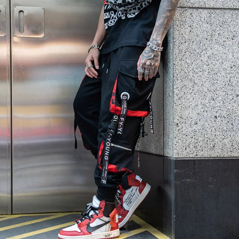 men hip hop black cargo pants joggers sweatpants overalls men ribbons streetwear harem pants women fashions trousers sporty tapered joggers