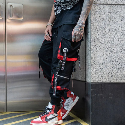 men hip hop black cargo pants joggers sweatpants overalls men ribbons streetwear harem pants women fashions trousers sporty tapered joggers