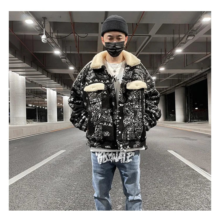 mens paisley fleece jackets coats fashion hairy single button loose bomber outerwears casual warm parkas thick streetwear jacket unique default style 5308