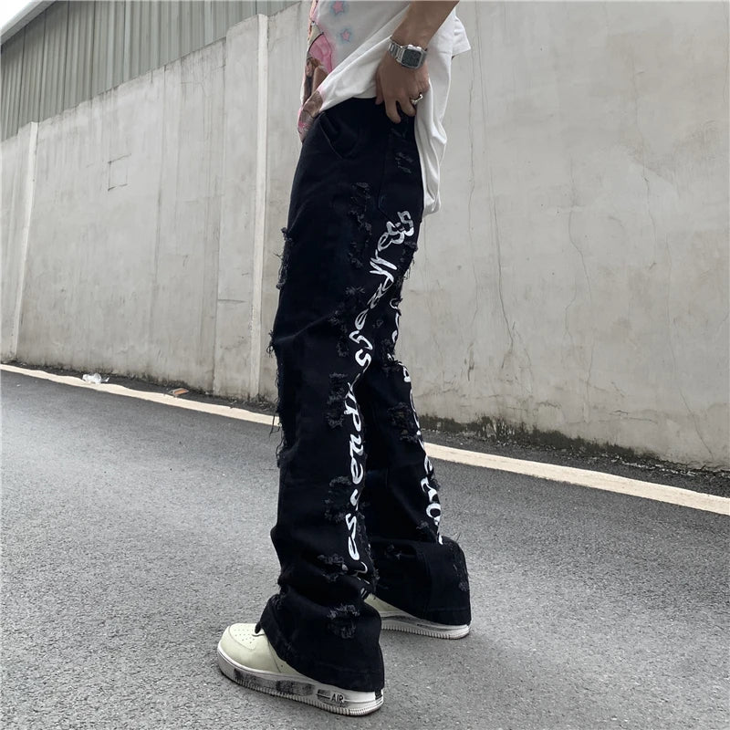 fashion back letters printed denim flare jeans mens zipper straight trouser hip hop destroy holes streetwear jean pants joggers unique joggers style 4651