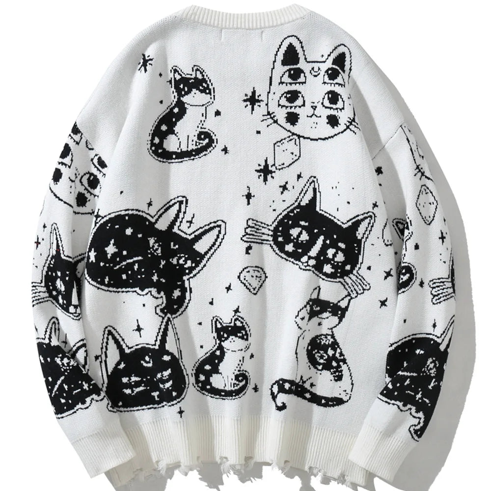 Aolamegs Sweaters Men Japanese Retro Cute Cat O-Neck Jumpers Advanced College Style Fashion Knitted Tops Loose Casual Streetwear Street King Limited