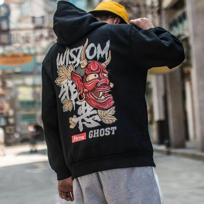 Japanese Chinese Style Hoodies Streetwear Sweatshirt Hooded Hip Hop Evil Devil Printed Hoodie Gothic Kpop Men Autumn Tops Male Street King Limited