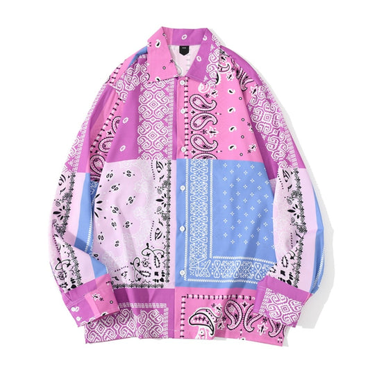 "Blue Pink Bandana" Unisex Men Women Streetwear Button Shirt Daulet Apparel