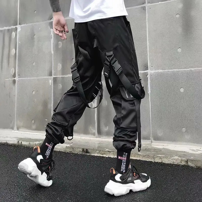men hip hop black cargo pants joggers sweatpants overalls men ribbons streetwear harem pants women fashions trousers unique joggers style 2524