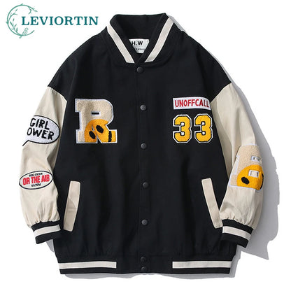 hip hop mens baseball jacket harajuku cotton streetwear embroidery letter funny smiley patchwork college jacket coat couple relaxed fit trousers